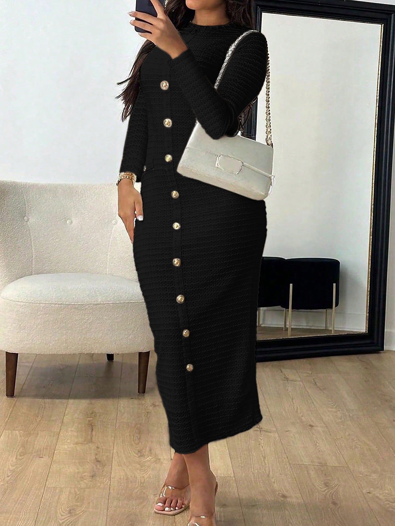 Elegant Jewel Knitted Button Black Bodycon Dress Long Sleeves Wedding Guest Dress