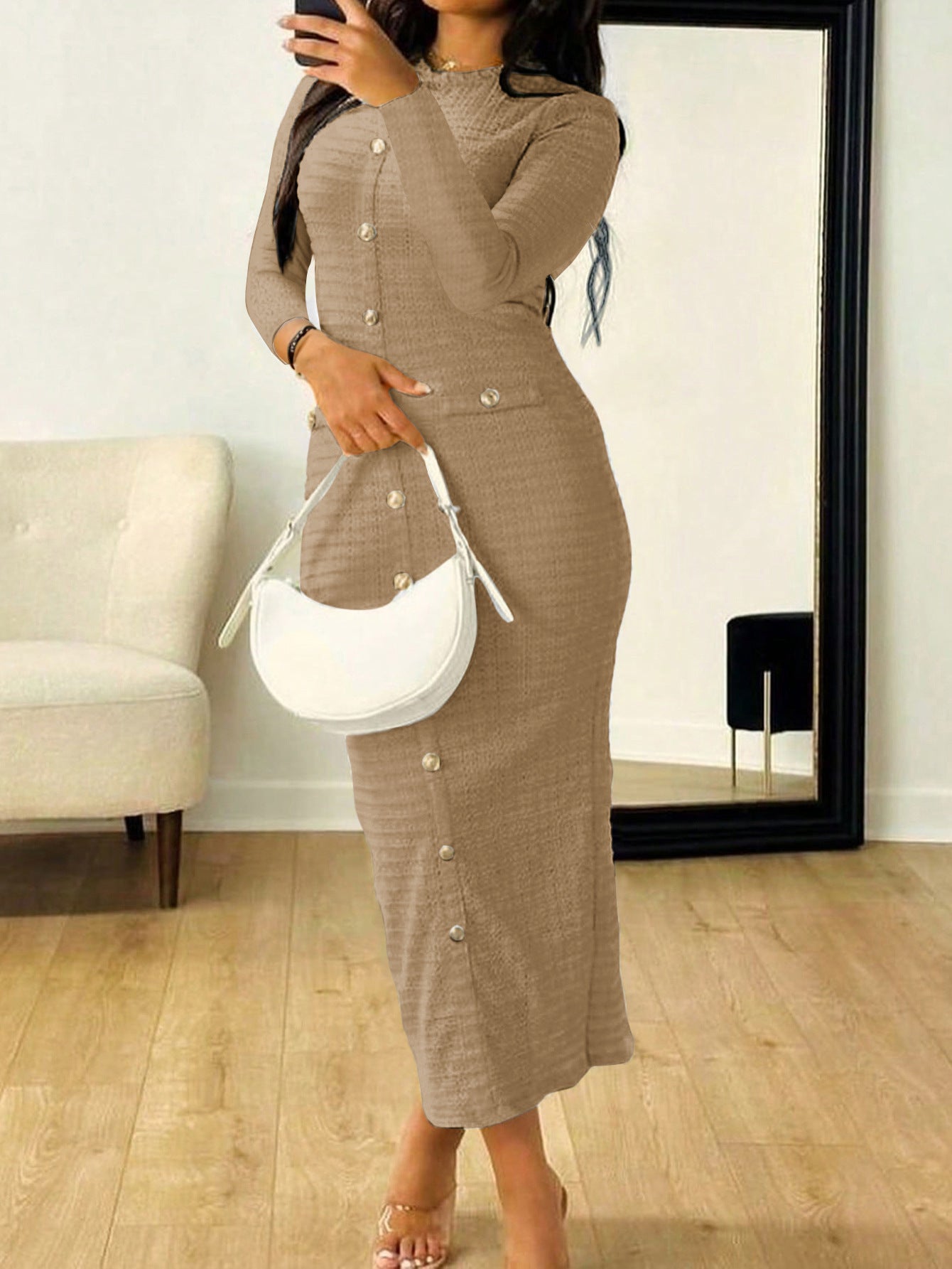 Elegant Jewel Knitted Button Taupe Bodycon Dress Long Sleeves Wedding Guest Dress