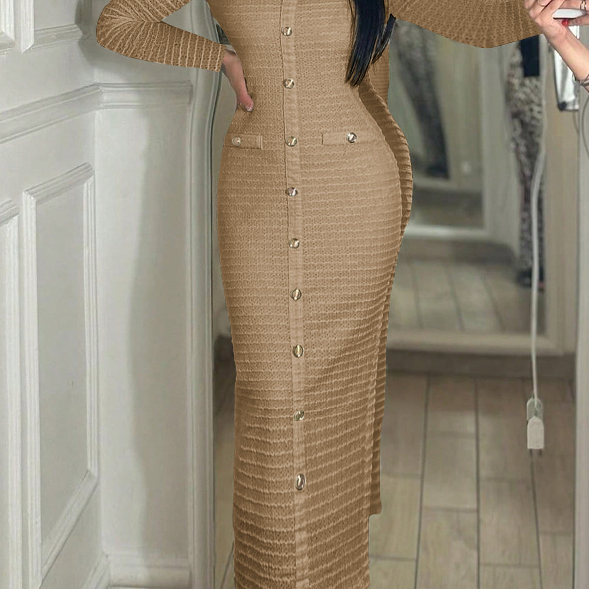 Elegant Jewel Knitted Button Taupe Bodycon Dress Long Sleeves Wedding Guest Dress, Taupe / M