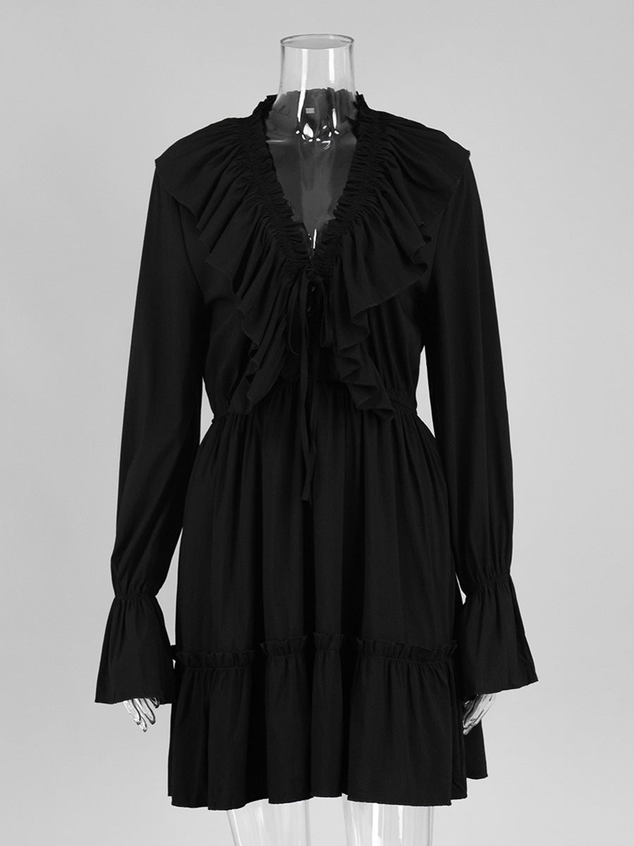 Black V Neck A-Line Trumpet Sleeve Wedding Guest Dresses