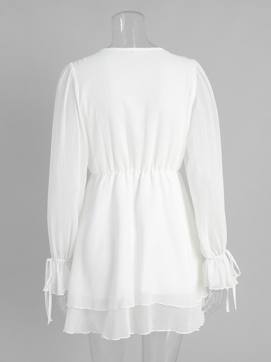 Lantern Sleeve V-Neck Tie Front White Wedding Guest Dresses