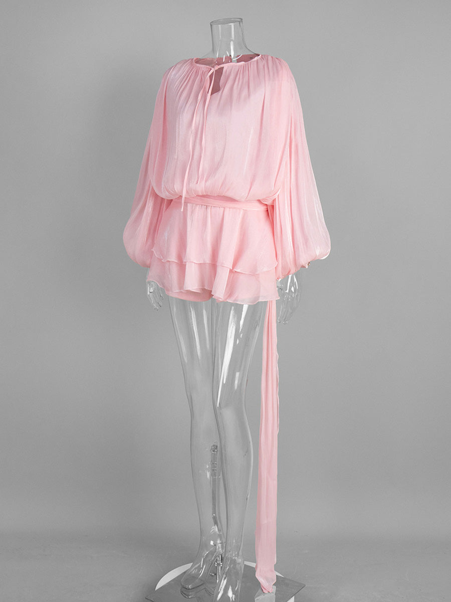 Candy Pink Lantern Sleeve Tie Ruffles Wedding Guest Dresses