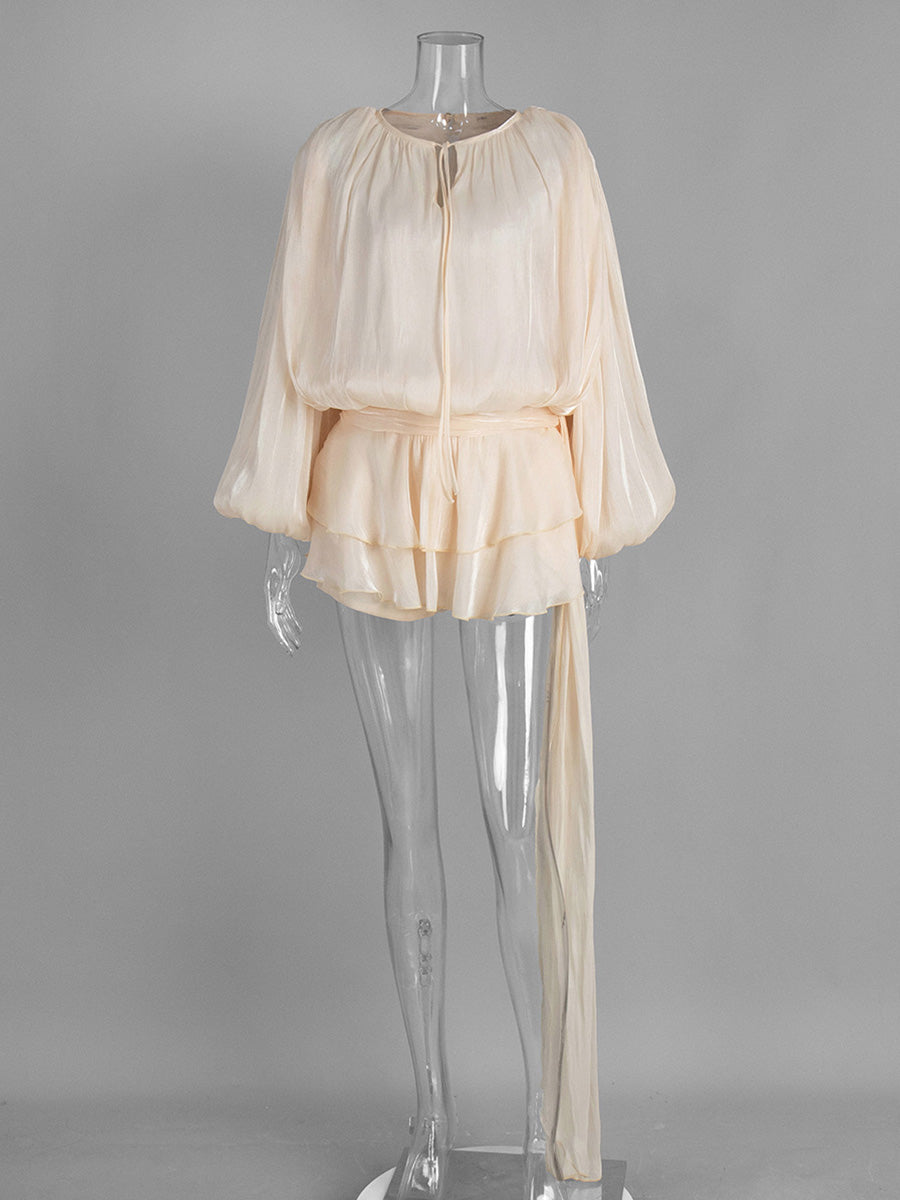 Apricot Lantern Sleeve Tie Ruffles Wedding Guest Dresses