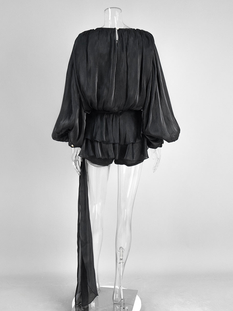 Black Lantern Sleeve Tie Ruffles Wedding Guest Dresses