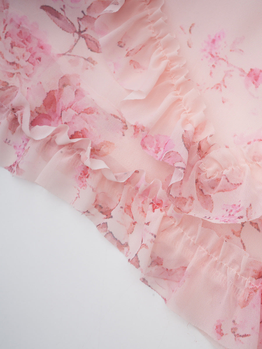 Pretty Floral Long Pink Chiffon Prom Dresses With Long Sleeves