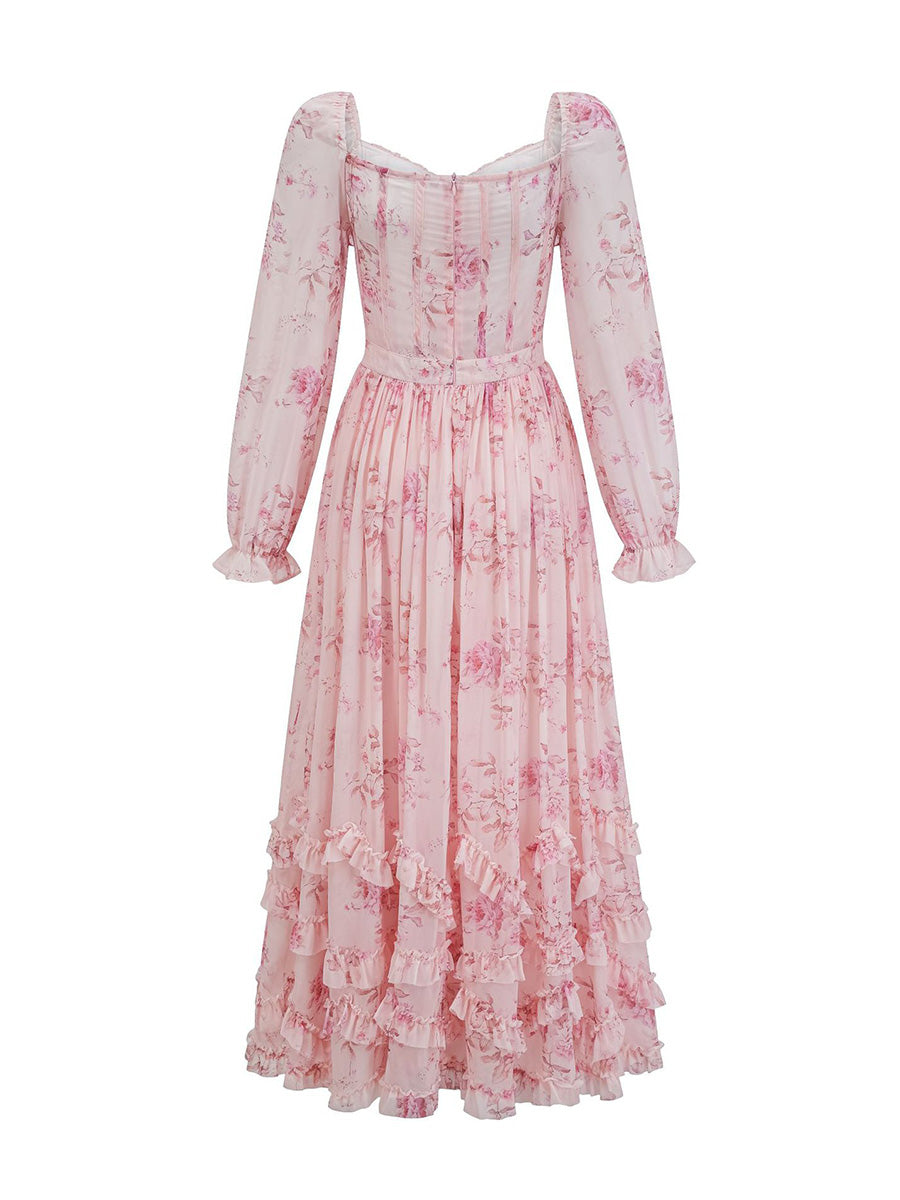 Pretty Floral Long Pink Chiffon Prom Dresses With Long Sleeves