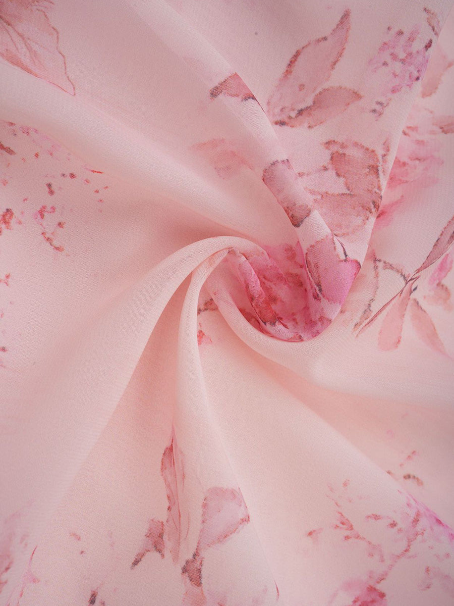 Pretty Floral Long Pink Chiffon Prom Dresses With Long Sleeves