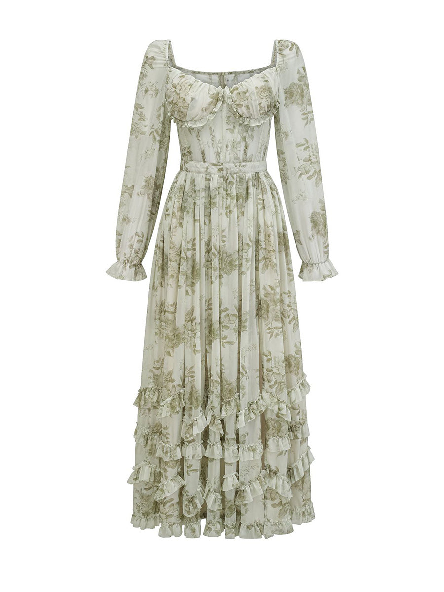 Dusty Sage Floral dress with long sleeves on a white background