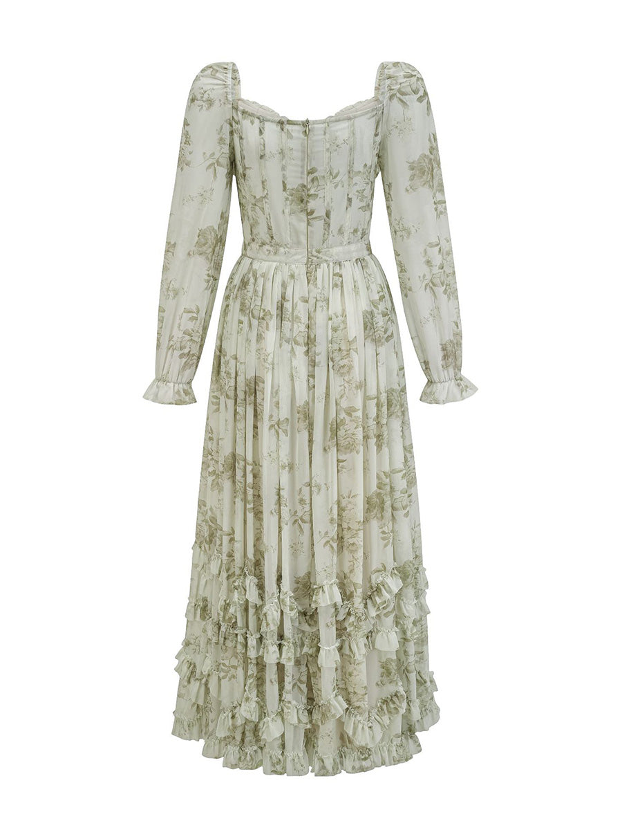 Beautiful Long Sleeves Floral Chiffon Forest Core Prom Dresses