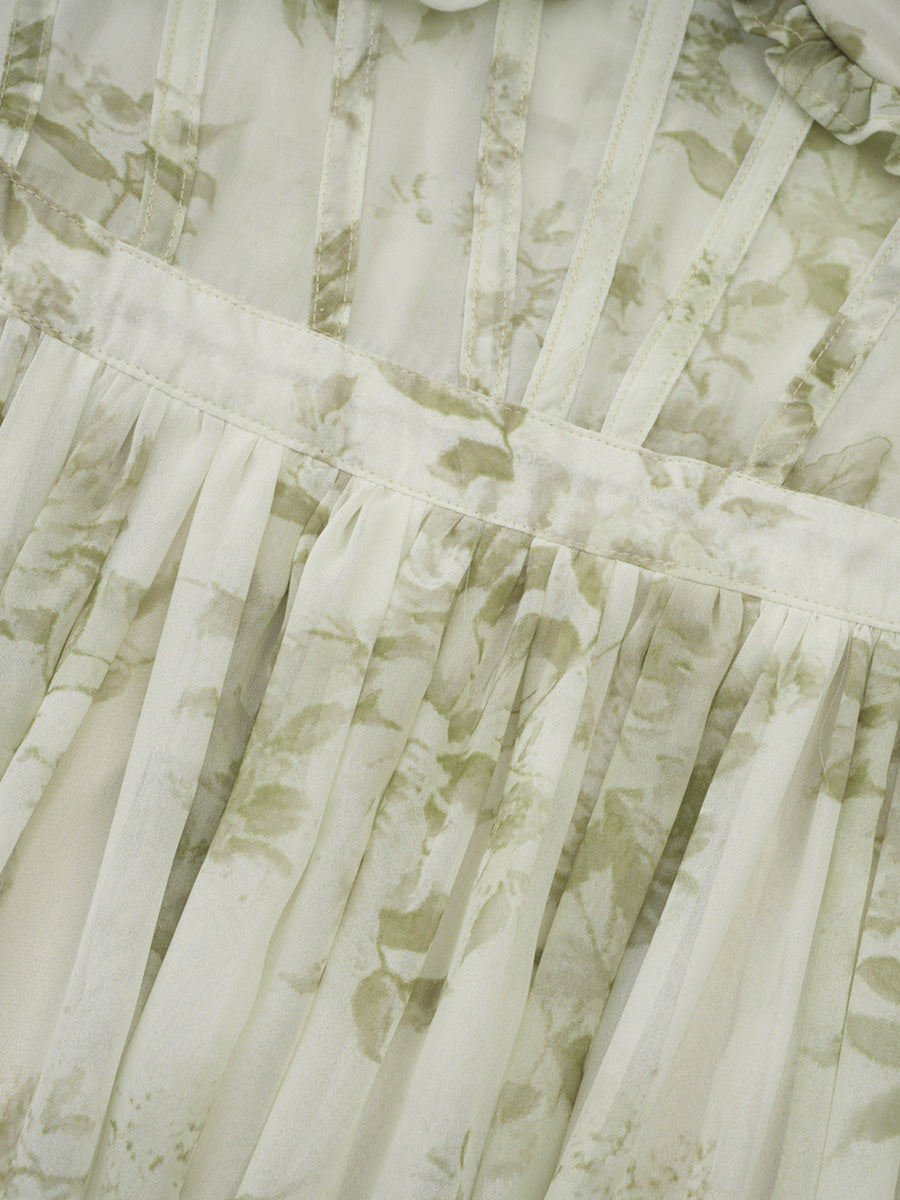 Beautiful Long Sleeves Floral Chiffon Forest Core Prom Dresses
