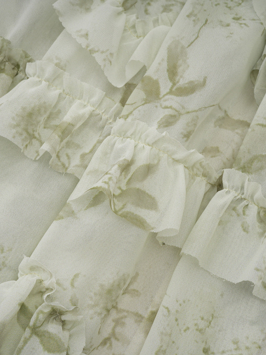 Beautiful Long Sleeves Floral Chiffon Forest Core Prom Dresses