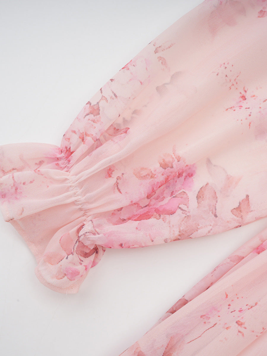 Pretty Floral Long Pink Chiffon Prom Dresses With Long Sleeves