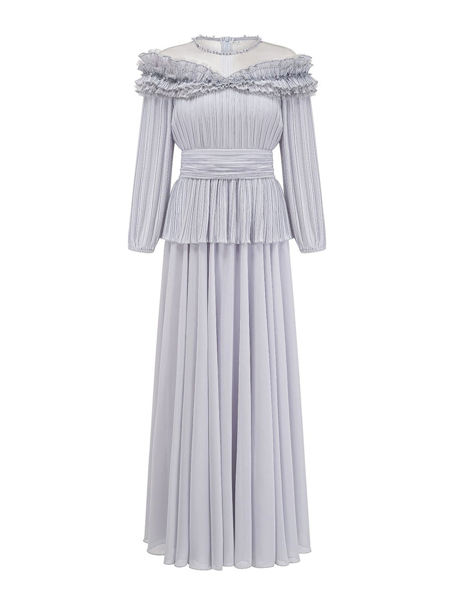 Long light gray dress with ruffled neckline on a white background
