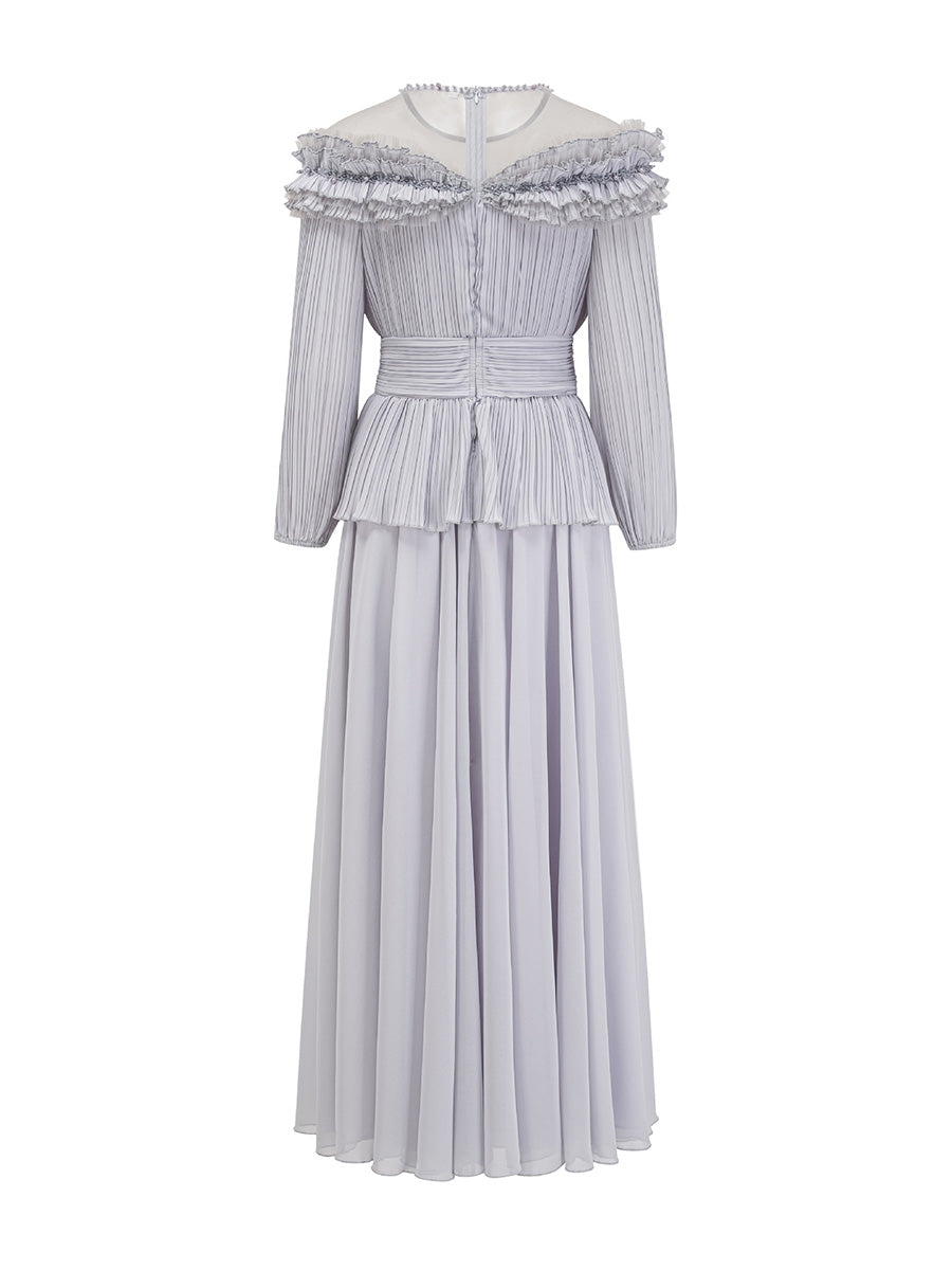 Elegant Gray Ruffles Long Sleeves  Chiffon Prom Dresses