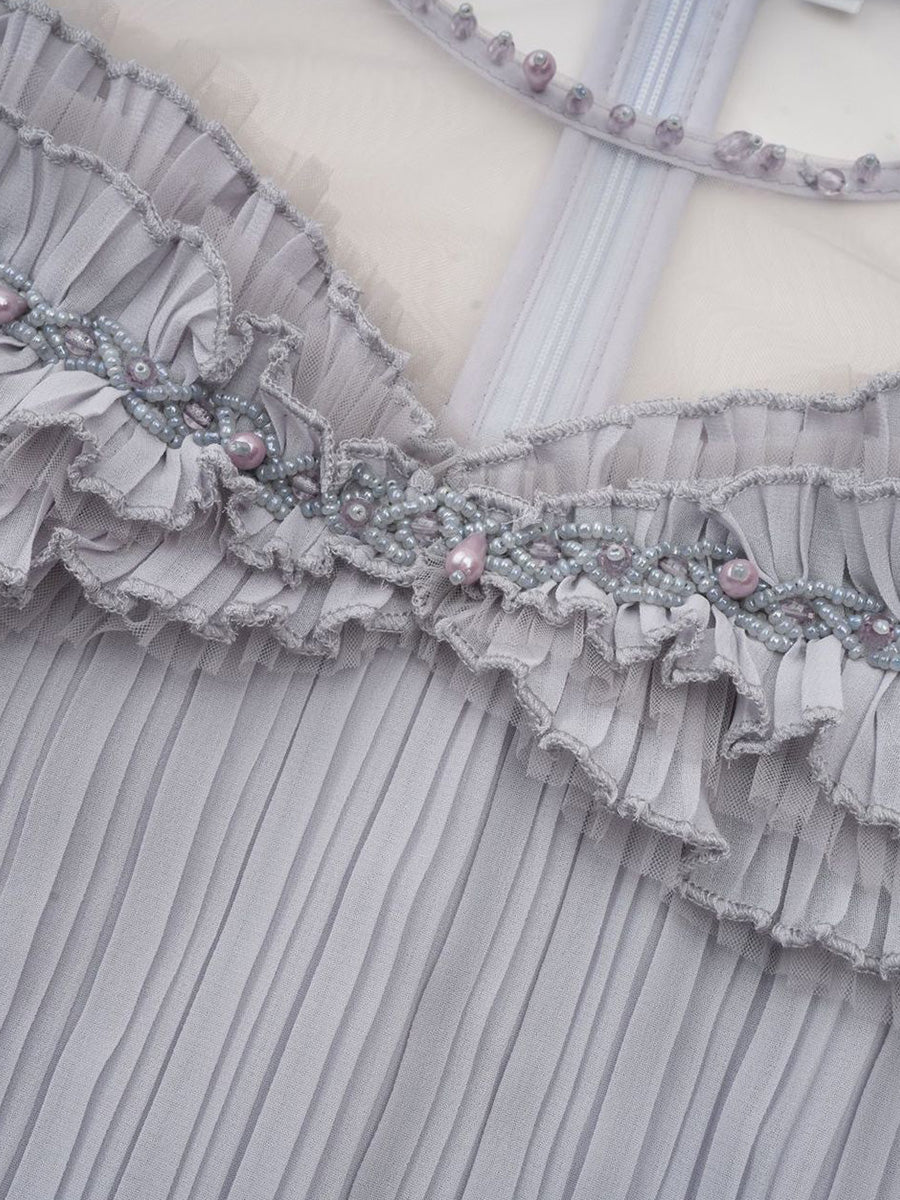 Elegant Gray Ruffles Long Sleeves  Chiffon Prom Dresses