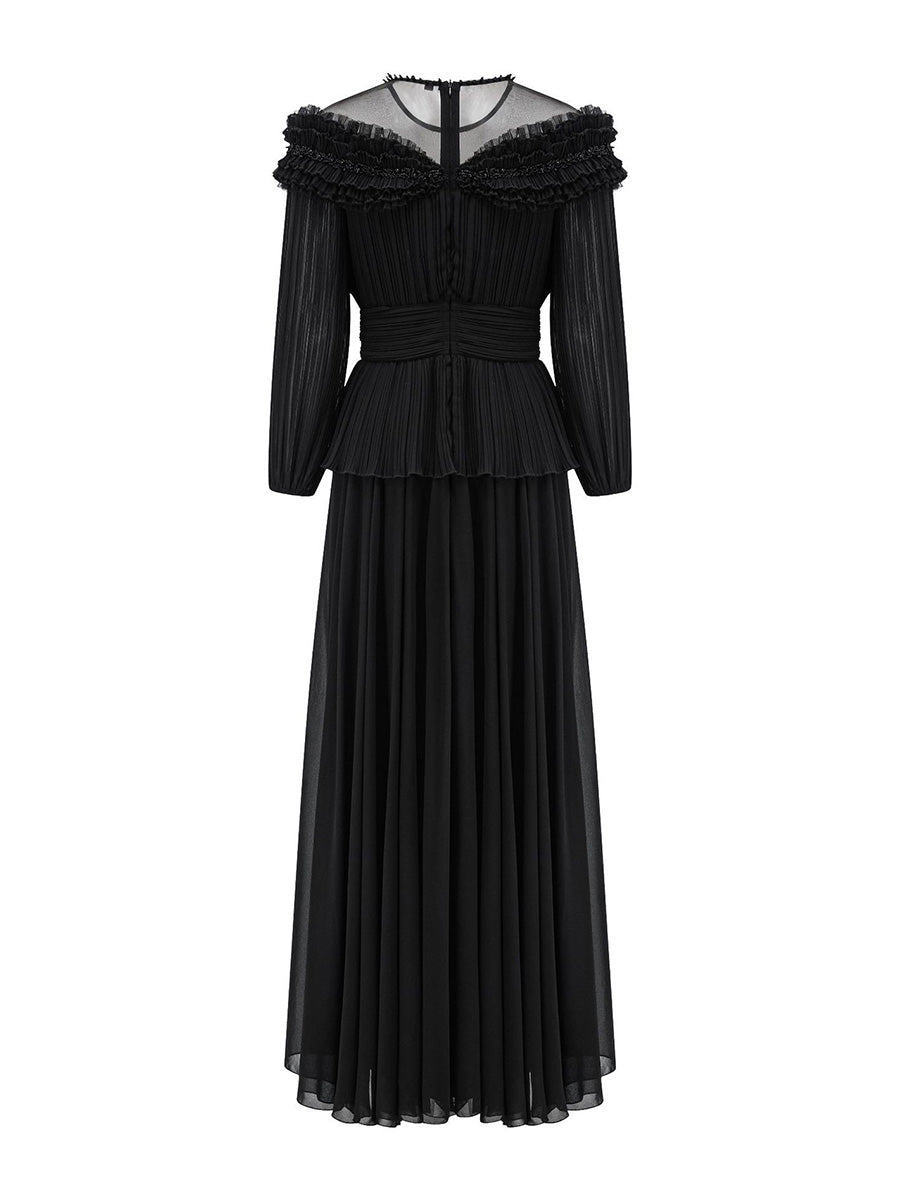 Vintage Long Black Beading Chiffon Prom Dresses With Sleeves