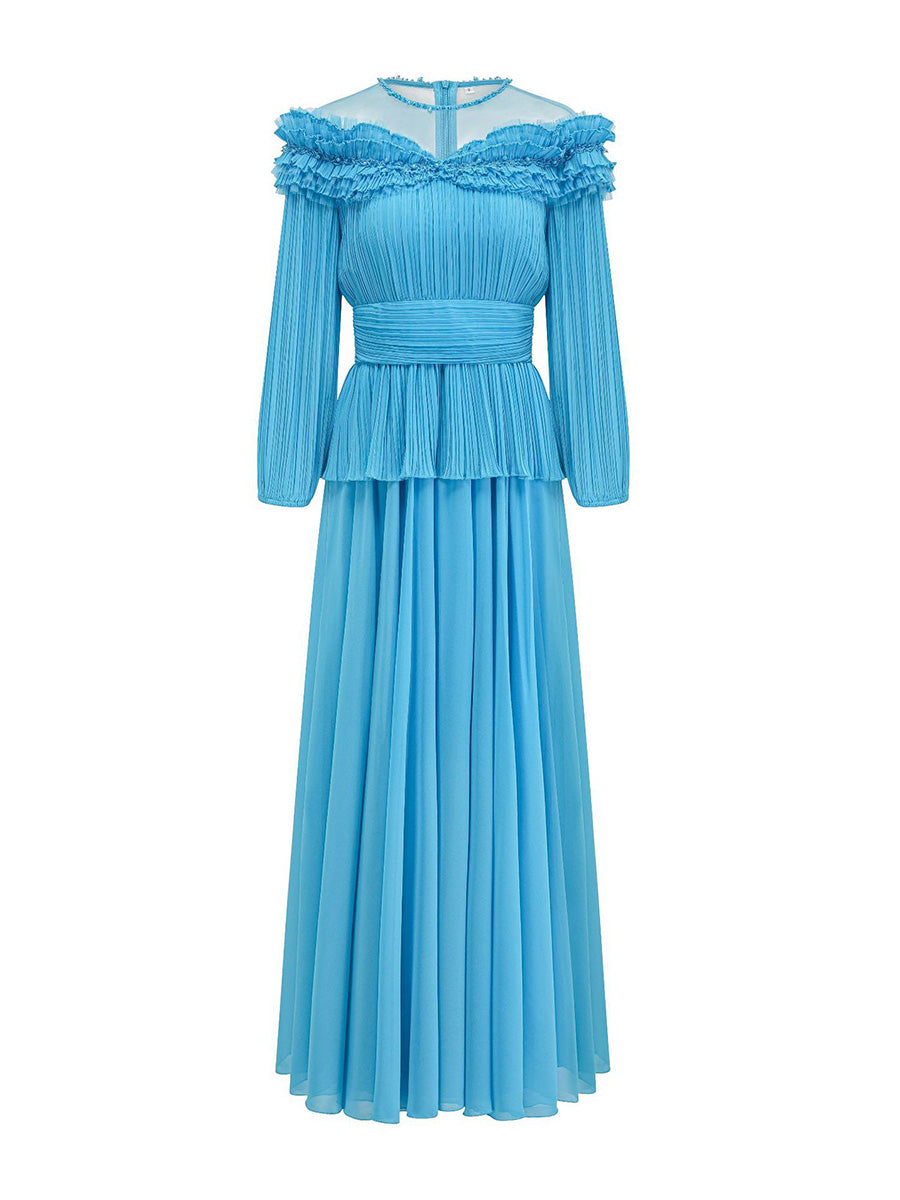 Blue dress with ruffled neckline on a white background