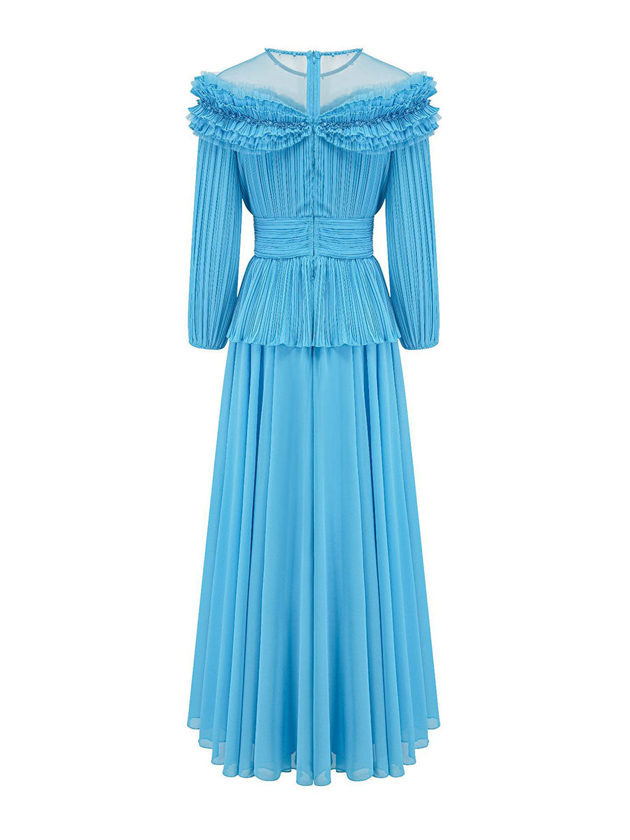 Pretty Blue Chiffon Long Sleeves Beading Prom Dresses