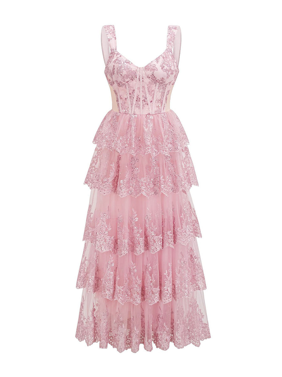 Cute Pink Sleeveless Sequin Lace Long Layers Prom Dresses