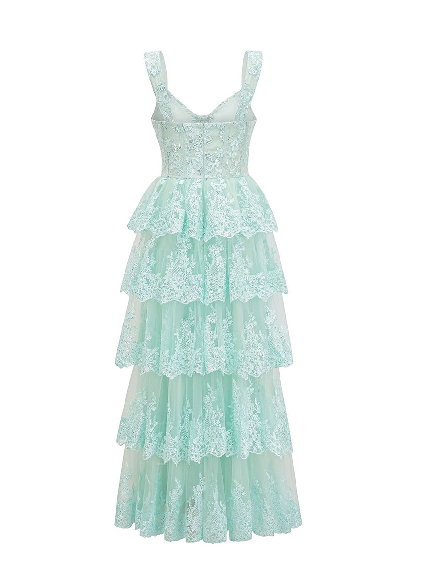 Pretty Mint Green Sequin Lace Sleeveless Layers Long Prom Dresses