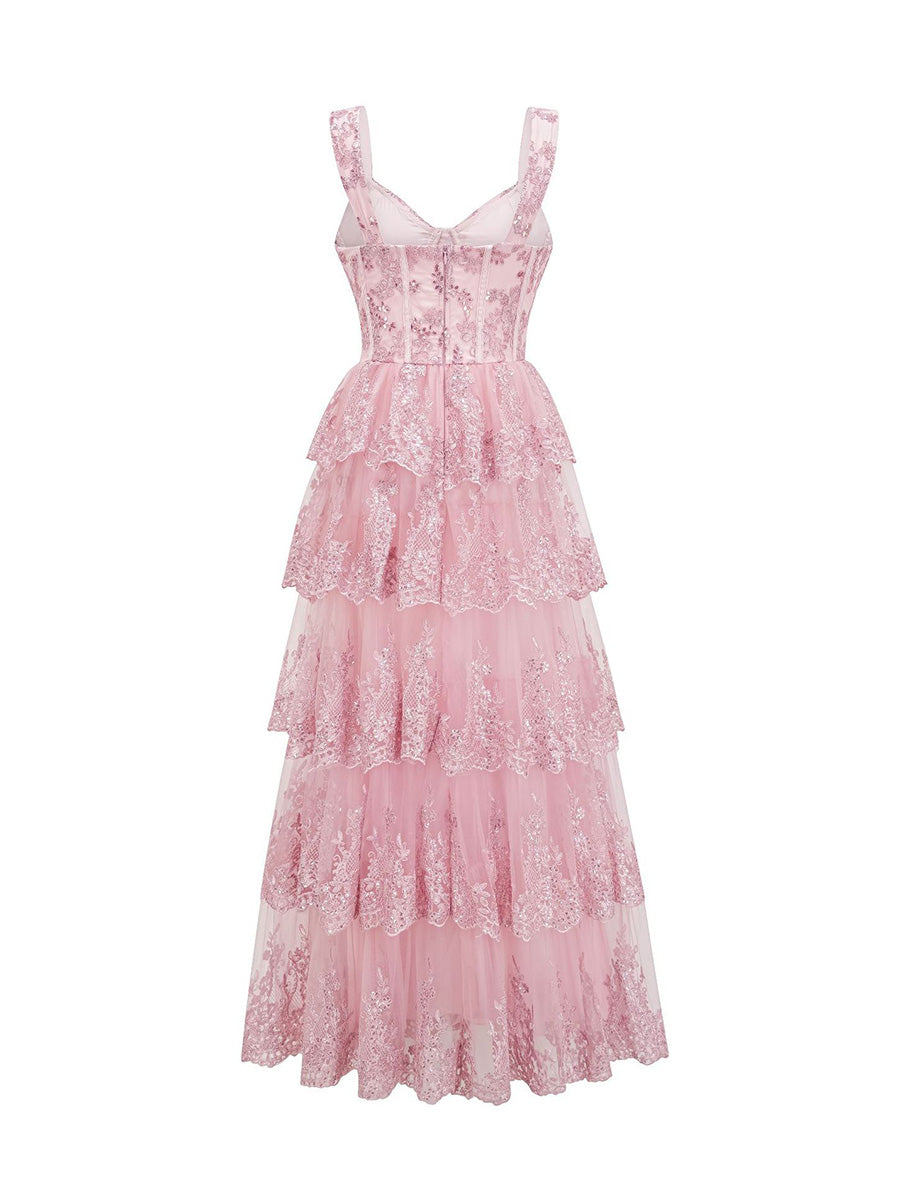 Cute Pink Sleeveless Sequin Lace Long Layers Prom Dresses