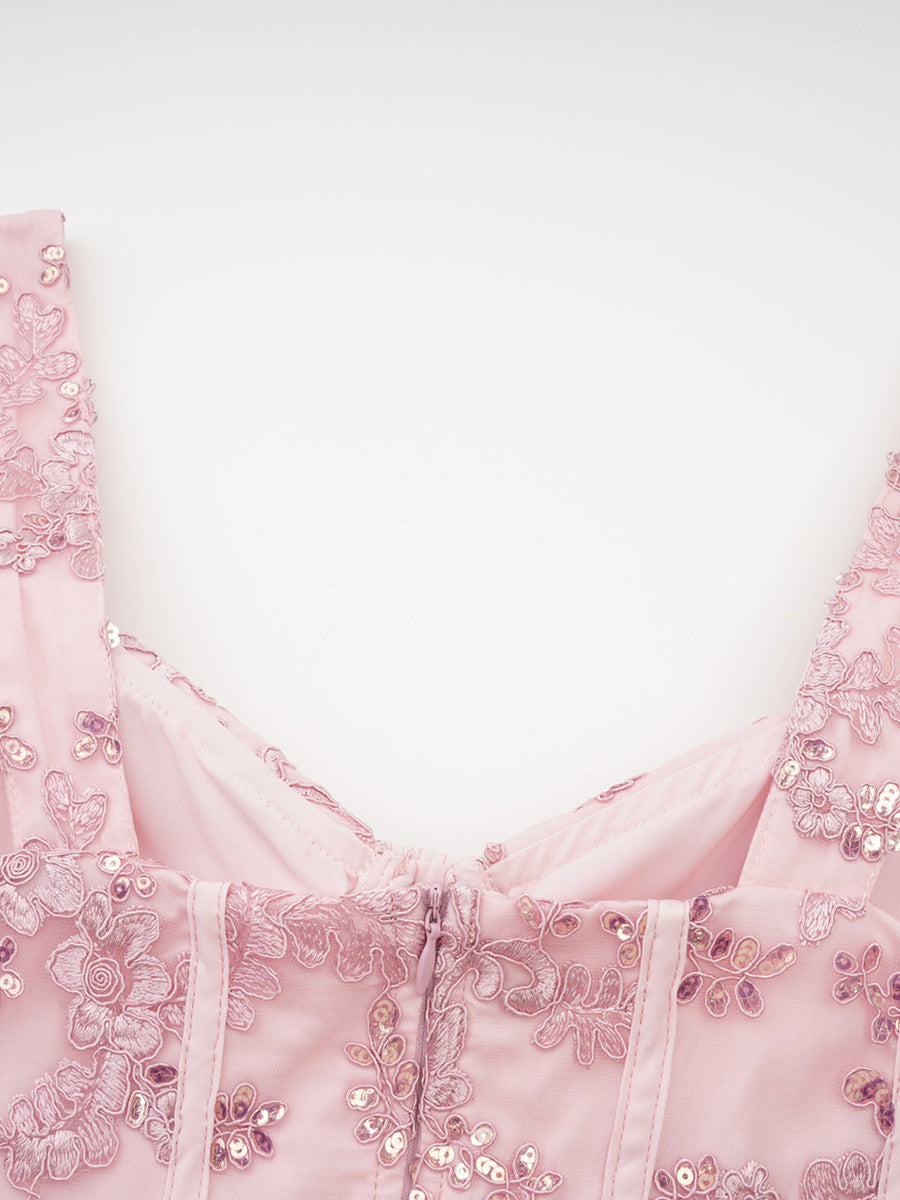 Cute Pink Sleeveless Sequin Lace Long Layers Prom Dresses