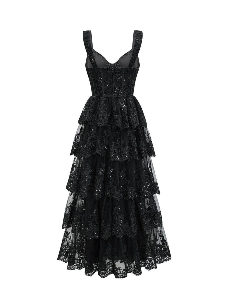 Modest Layers Black Lace Long Prom Dresses With Sequins