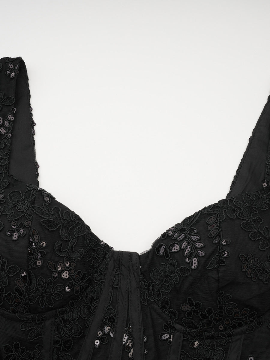 Modest Layers Black Lace Long Prom Dresses With Sequins