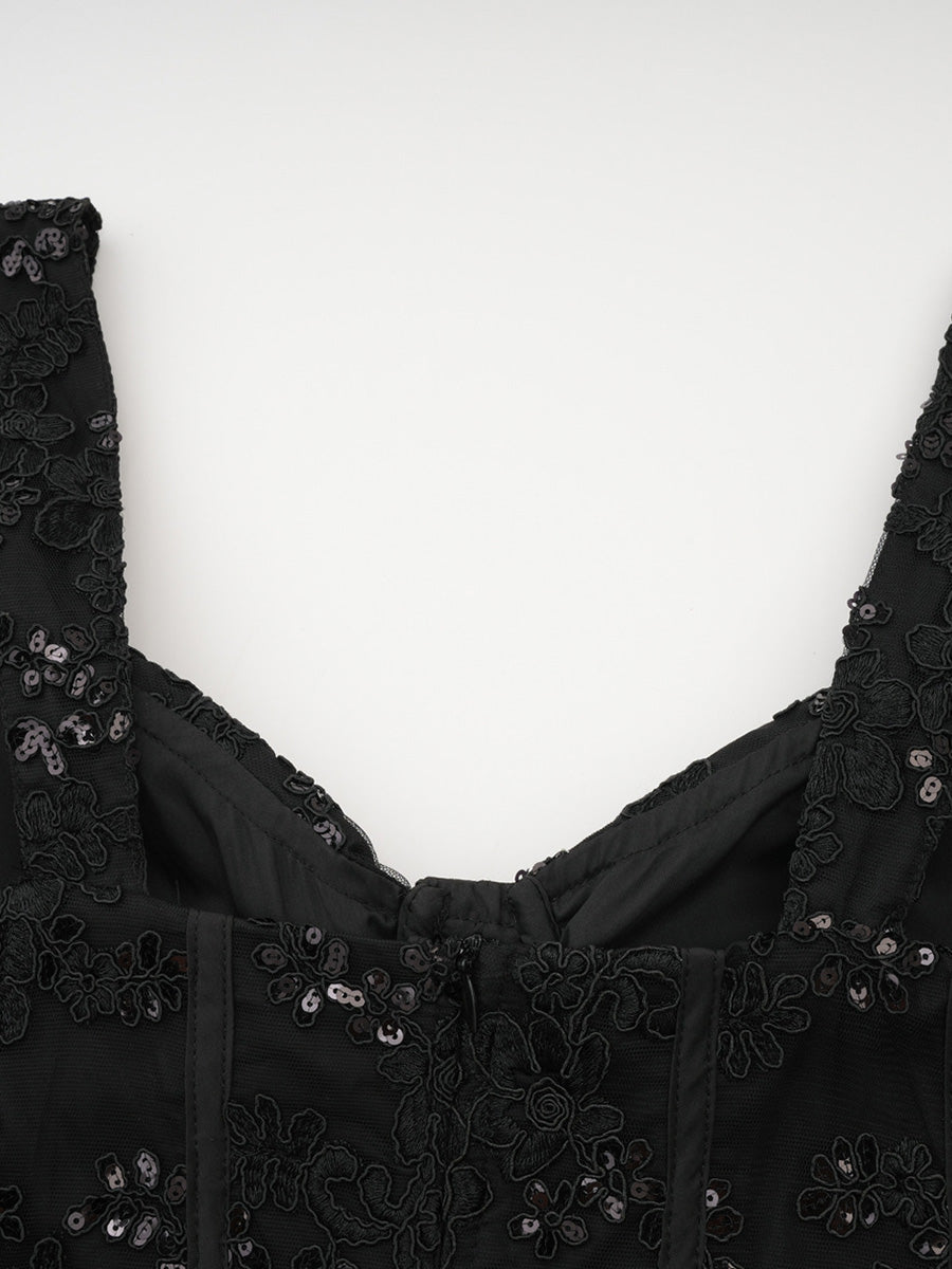 Modest Layers Black Lace Long Prom Dresses With Sequins