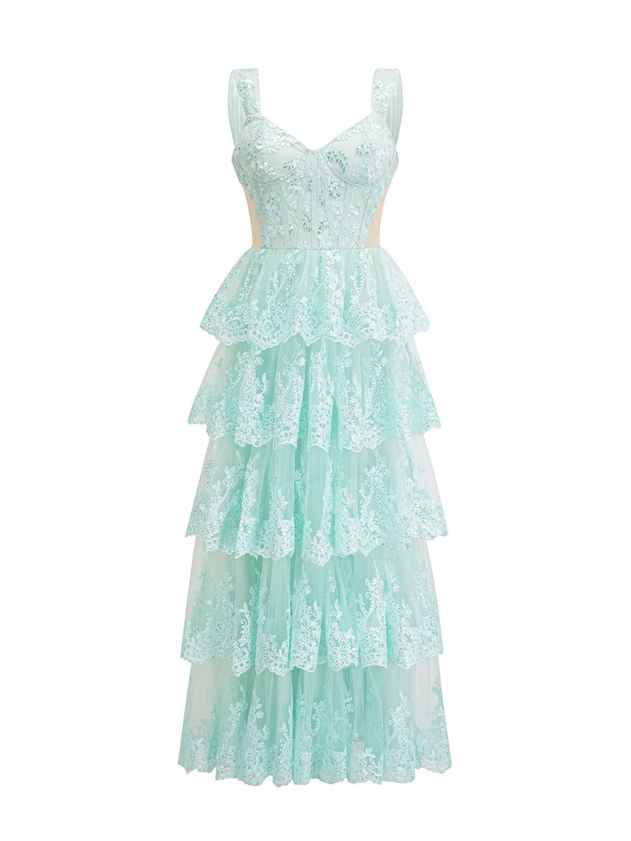 Mint green lace dress on a white background