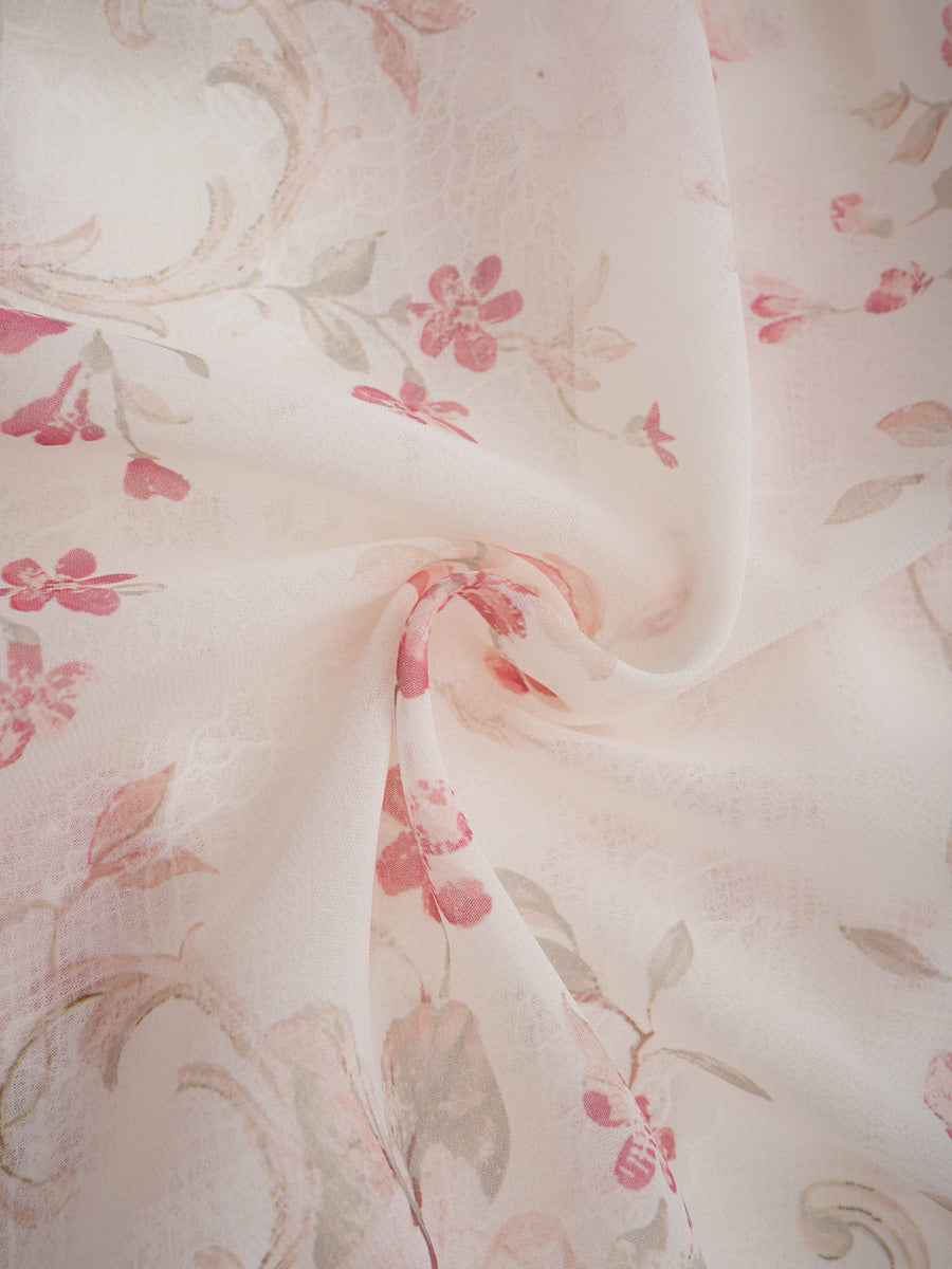Light Champagne Chiffon Layers Floral Prom Dresses With Lace
