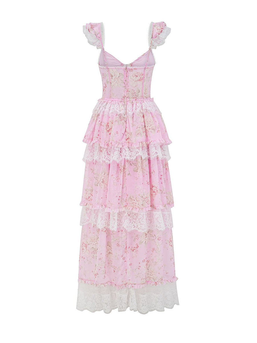 Girly Pink Floral Lace Chiffon Layers Long Prom Dresses
