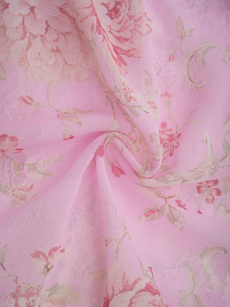 Girly Pink Floral Lace Chiffon Layers Long Prom Dresses