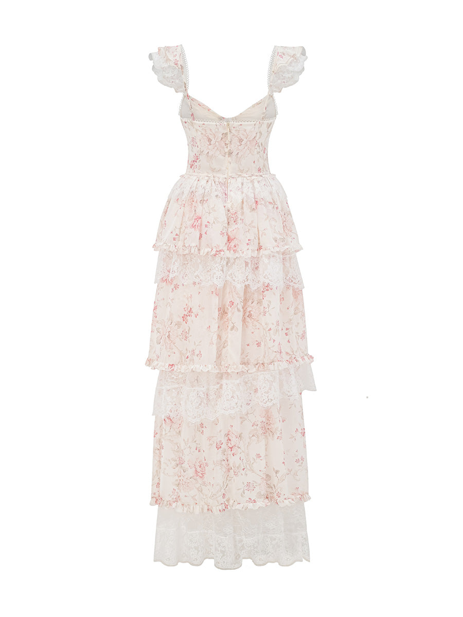 Floral tiered chiffon lace dress on a white background