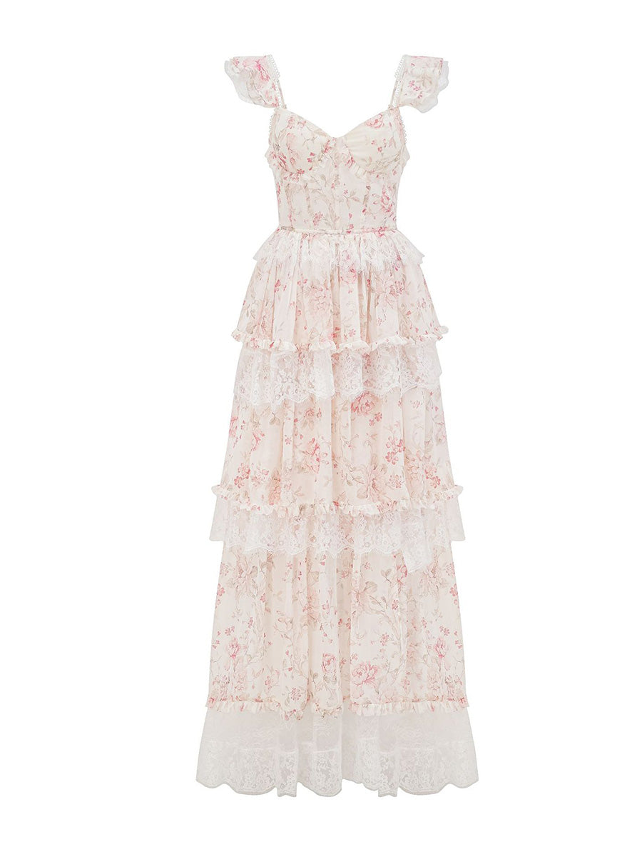 Floral tiered chiffon lace dress on a white background