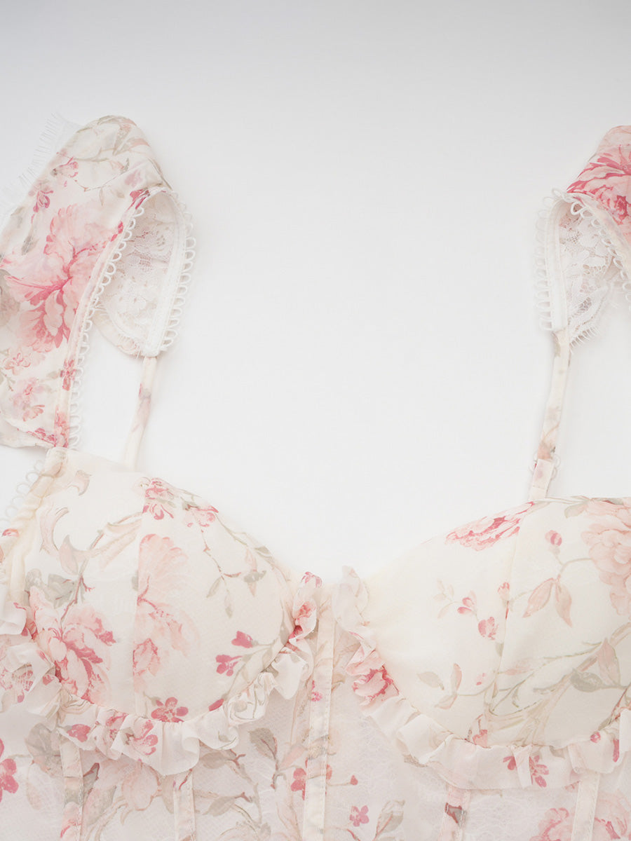 Light Champagne Chiffon Layers Floral Prom Dresses With Lace