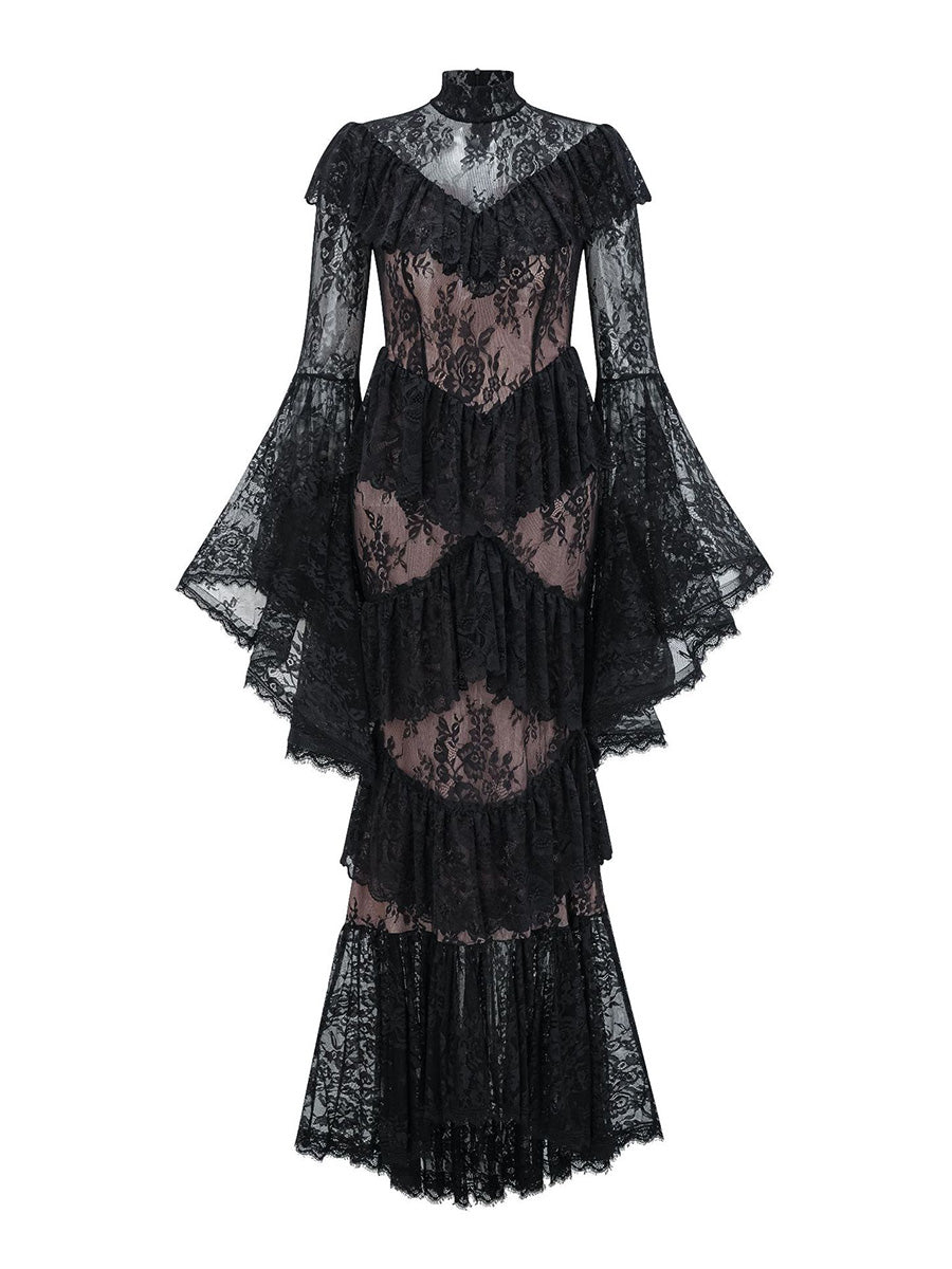 Black lace dress with long sleeves on a white background