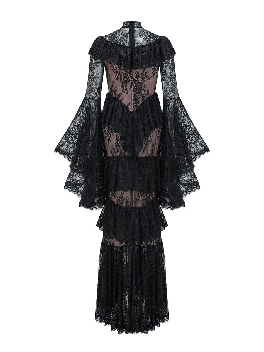 Vintage Sheath Black Lace Long Prom Dresses With Trumpet Sleeves
