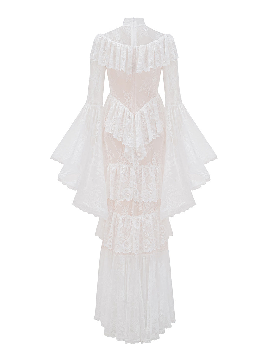 Charming Sheath Long White Prom Dresses With Layers Lace