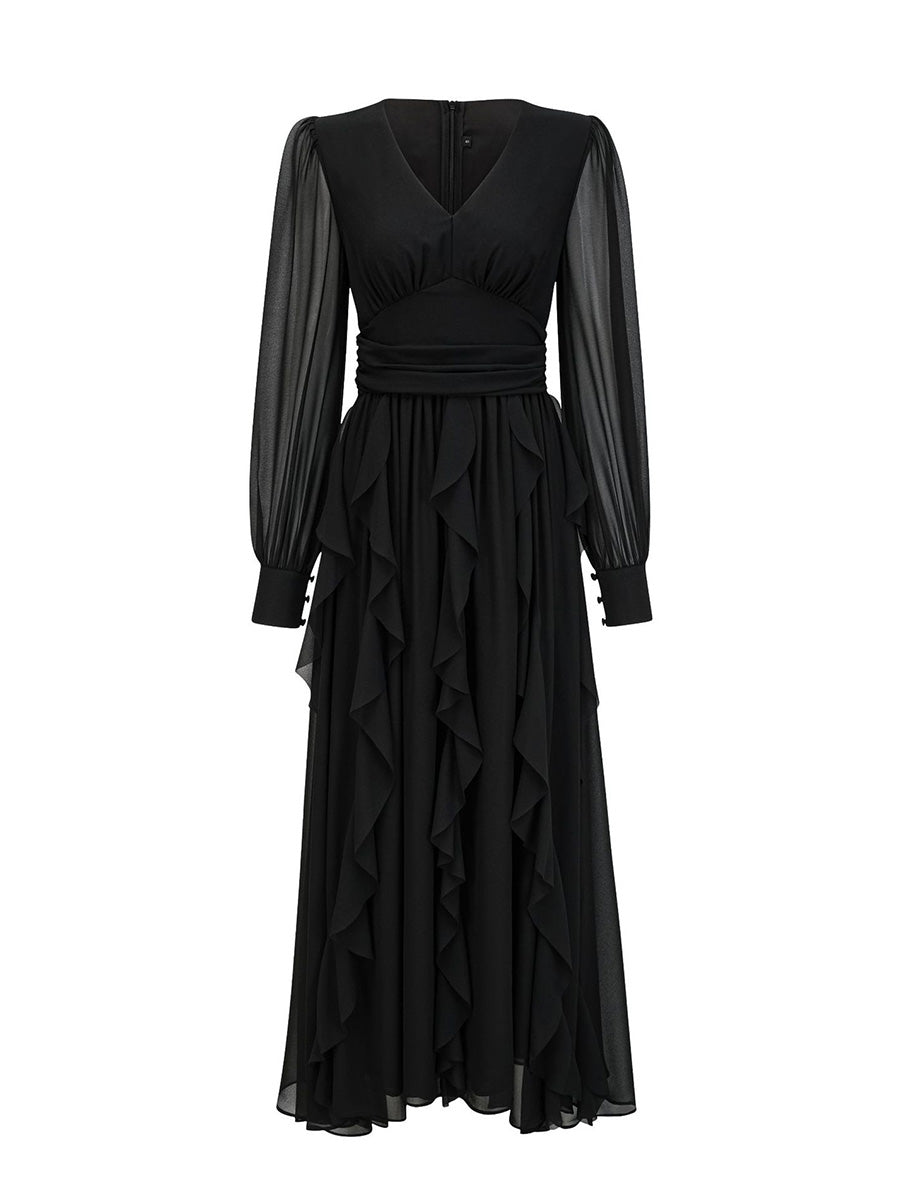 Black dress with sheer sleeves on a white background