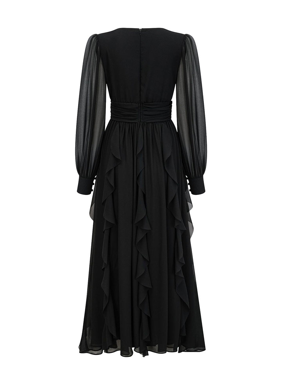 Formal Black V-neck Long Chiffon Prom Dresses With Sleeves