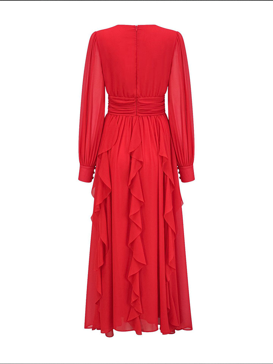 Modest Red Long Sleeves V-neck Chiffon Prom Dresses