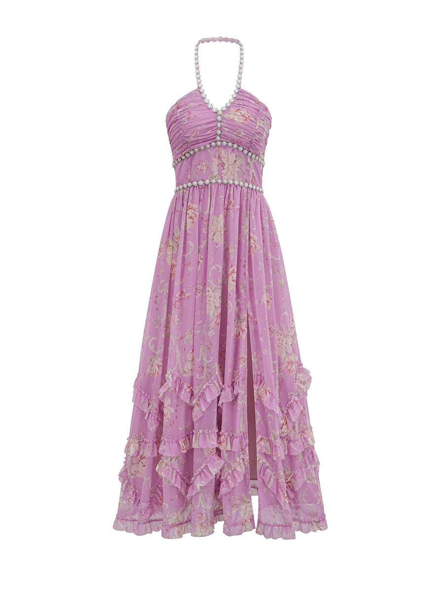 Purple floral dress with a beaded neckline on a white background