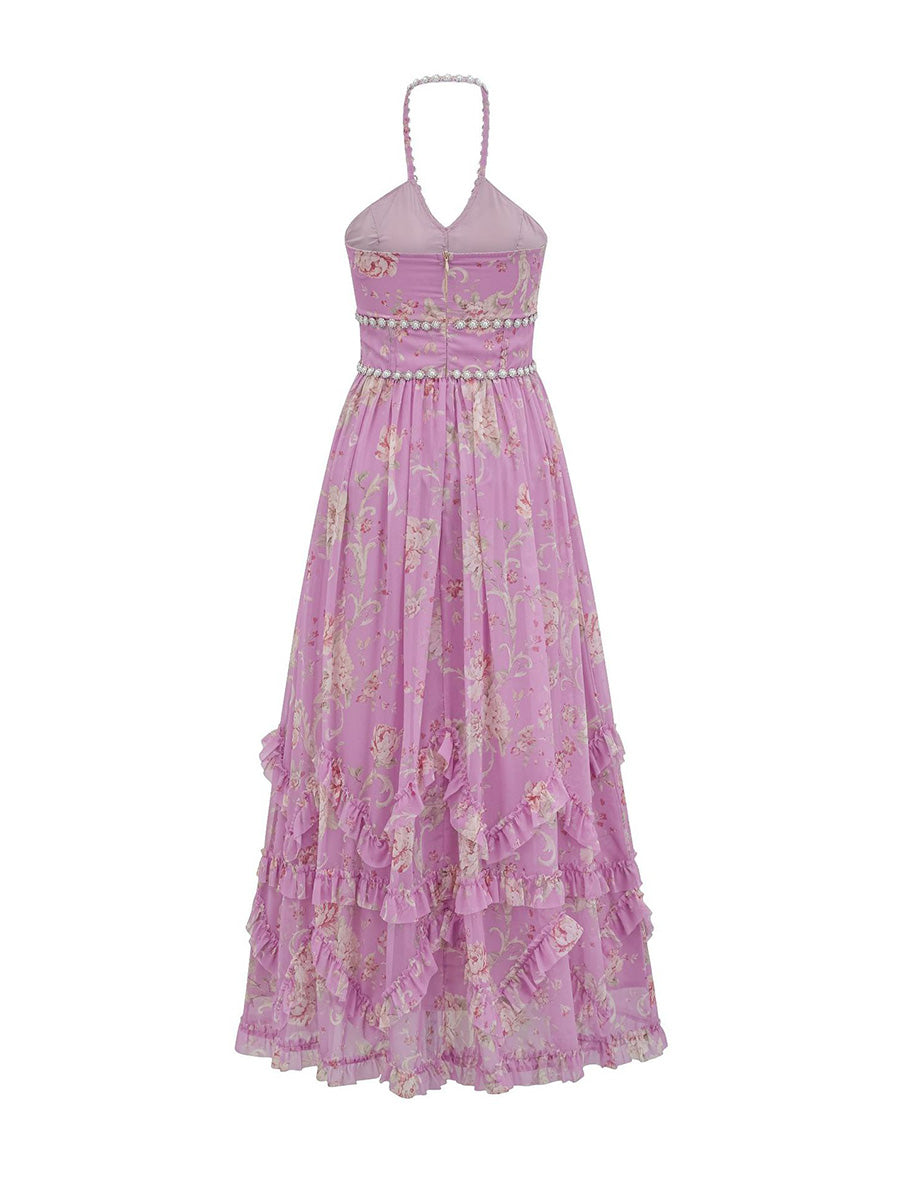 Halter Sleeveless Zipper Back Long Chiffon Prom Dresses