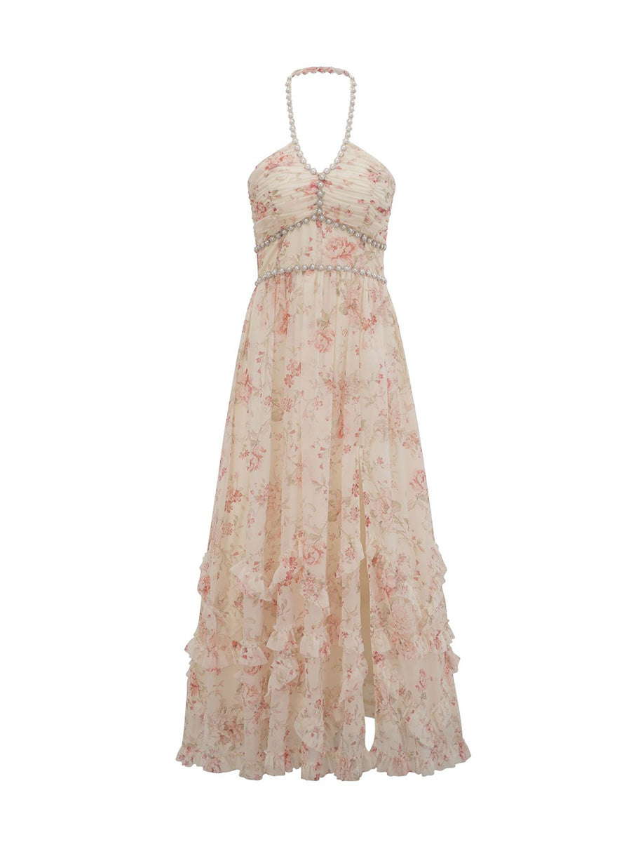 Floral dress with beaded neckline on a white background