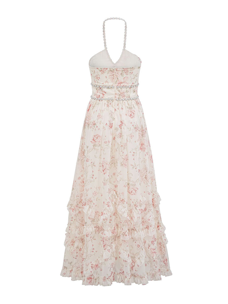 Light Champagne Sleeveless Halter Chiffon Floral Prom Dresses