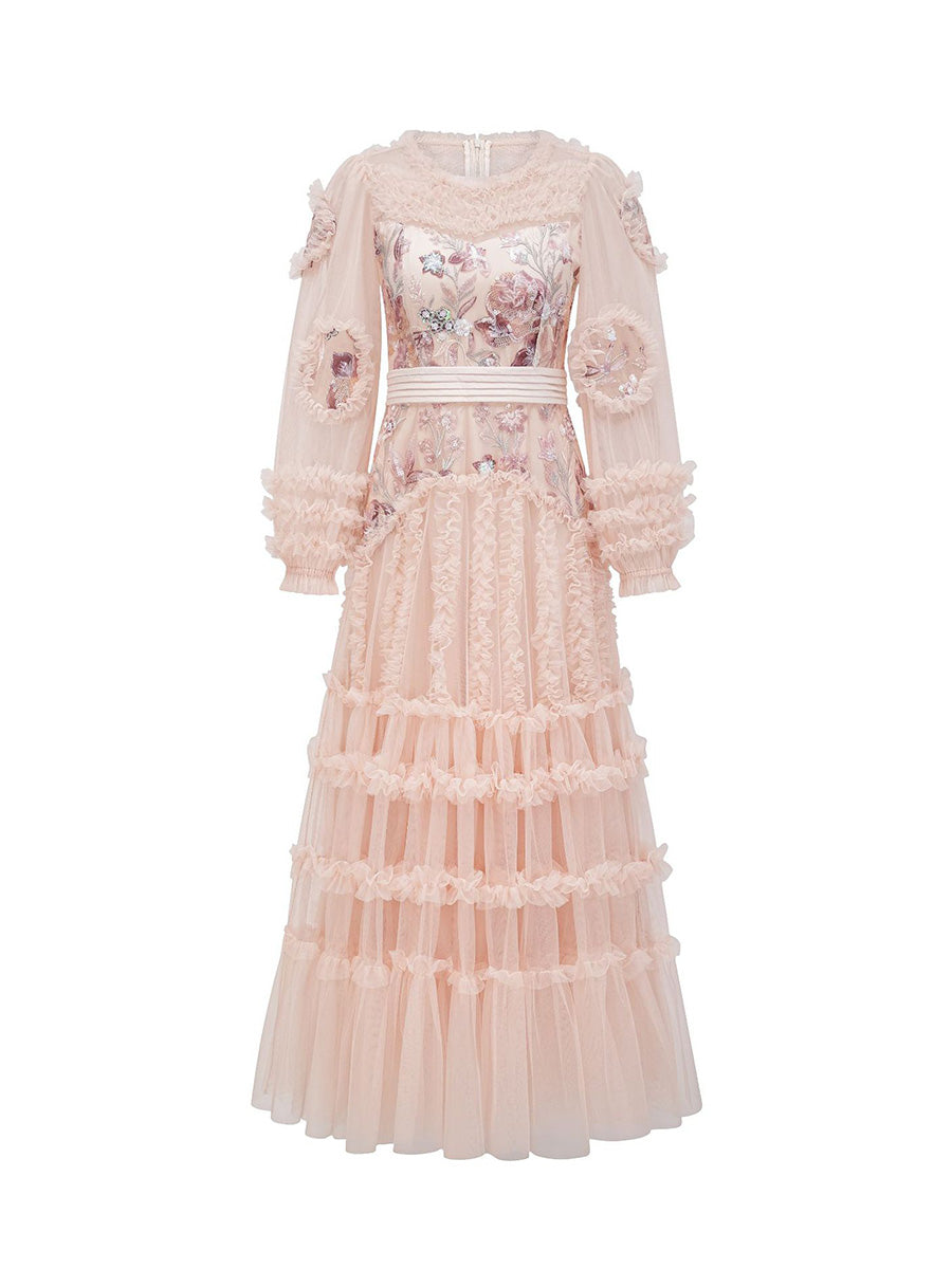 Apricot tulle lace dress with floral embroidery on a white background