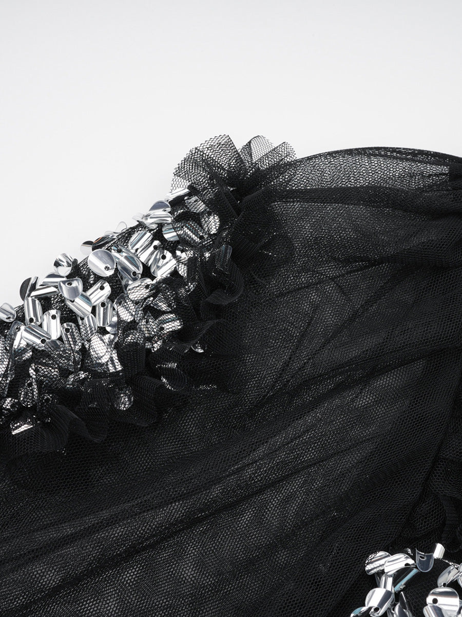 Black Tulle And Silver Sequin Long Sleeves Ruffles Prom Dresses