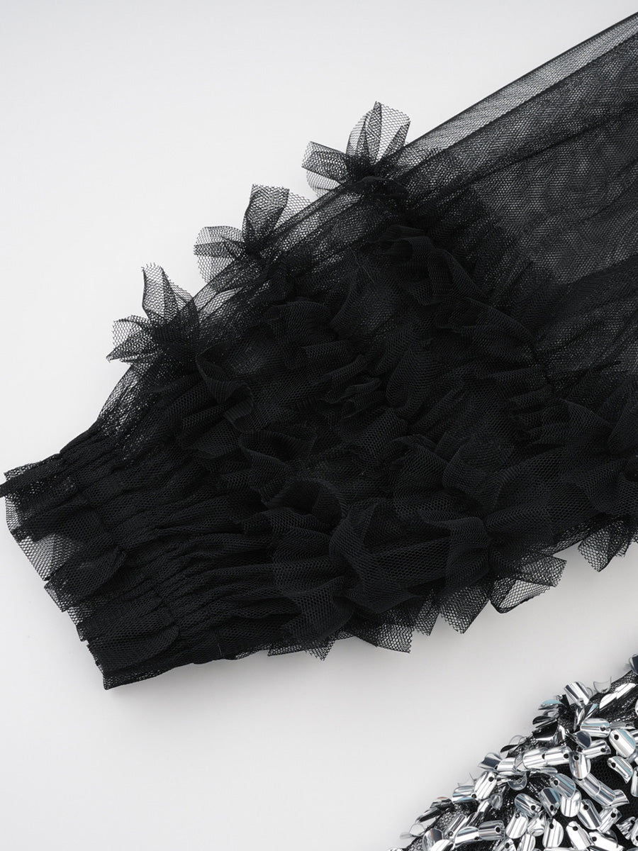 Black Tulle And Silver Sequin Long Sleeves Ruffles Prom Dresses