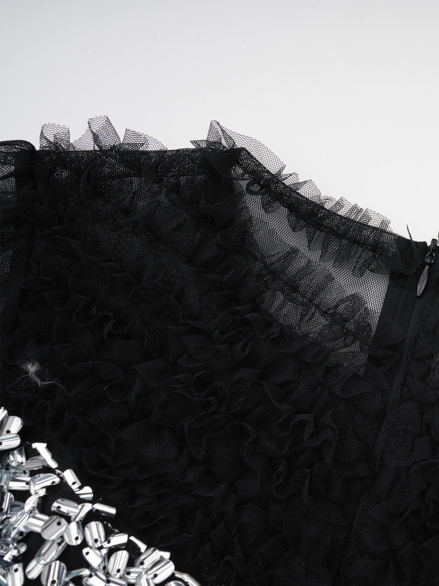 Black Tulle And Silver Sequin Long Sleeves Ruffles Prom Dresses